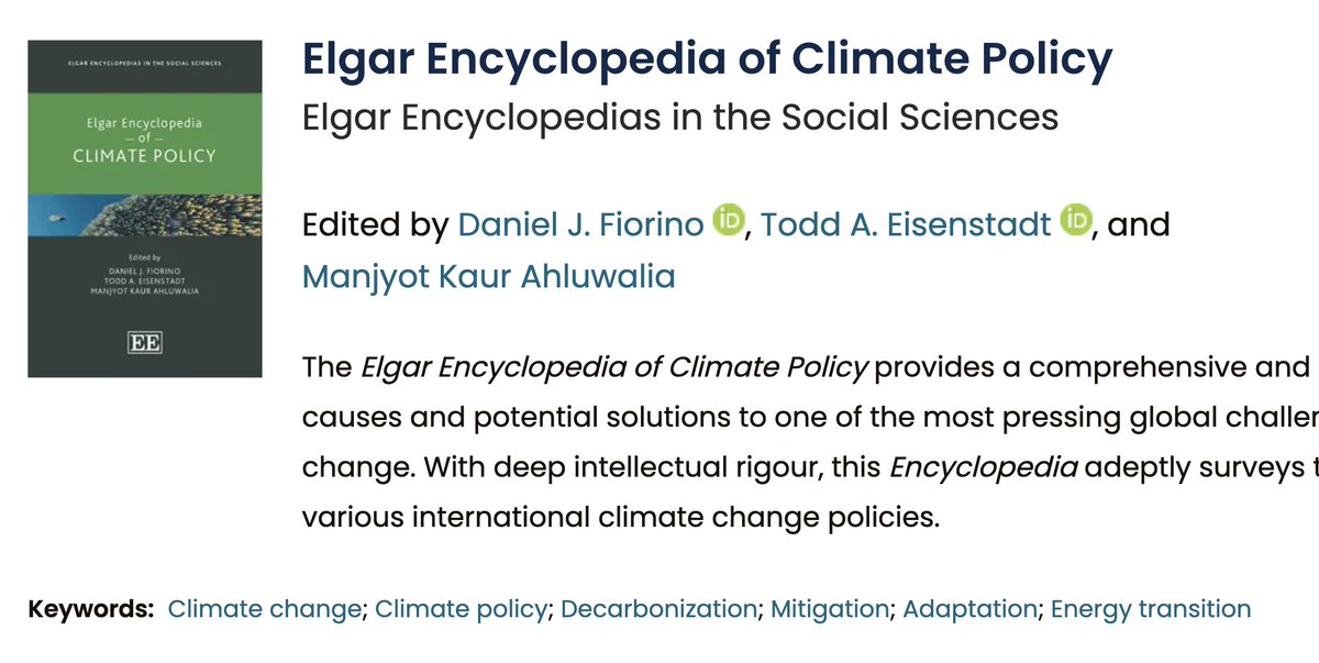 Thrilled to see the climate policy encyclopedia coming out! It is a good resource for experts and academics who want to get a quick and efficient overview over different climate policy topics. See my introduction to 'adaptation policy' 🌱researchgate.net/publication/37…