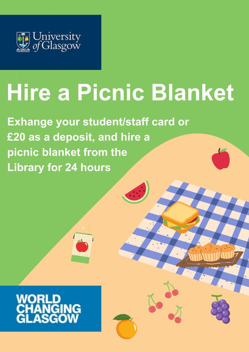 Now you can borrow more than just books from the @UofGLibrary with our new ‘hire a picnic blanket’ scheme! ☀️ We can't wait to enjoy our beautiful green spaces at @UofGlasgow this summer. 😎💙 #TeamUofG