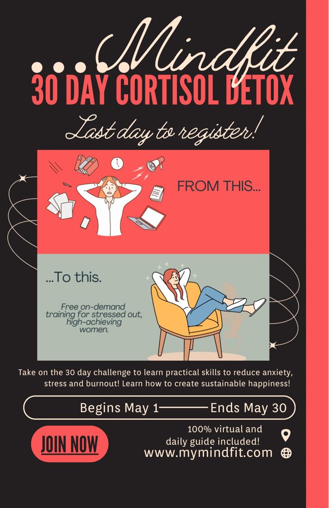 Last day to register for our 30 Day Cortisol Detox! Two spaces remaining. Grab one while you can! Free daily workbook included! mymindfit.com