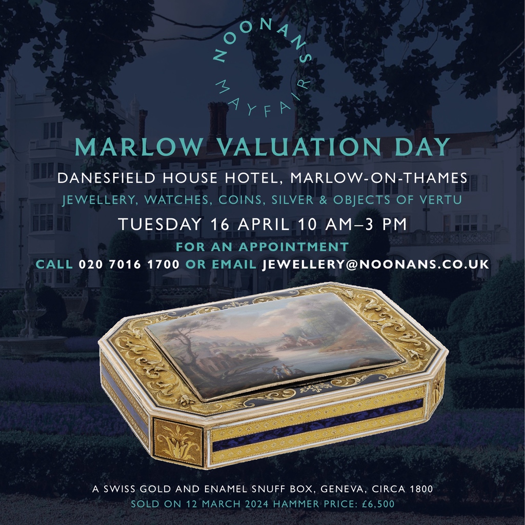 TOMORROW! #JEWELLERY #WATCHES #COINS #SILVER #OBJECTSOFVERTU
#VALUATIONDAY #MARLOW 

Danesfield House Hotel, Marlow-on-Thames

Tuesday, April 16, 2024 
10 am - 3pm

See link for details noonans.co.uk/news-and-event…