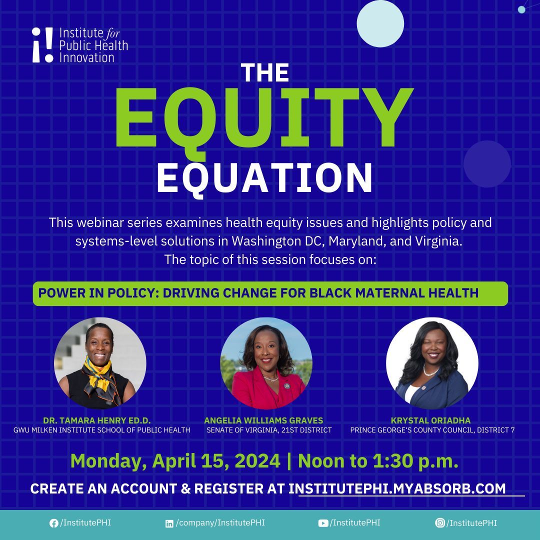 The last call to register for today's Equity Equation webinar. Learn how the power of policy drives changes for black maternal health. 

#publichealthmatters #blackmaternalhealth
