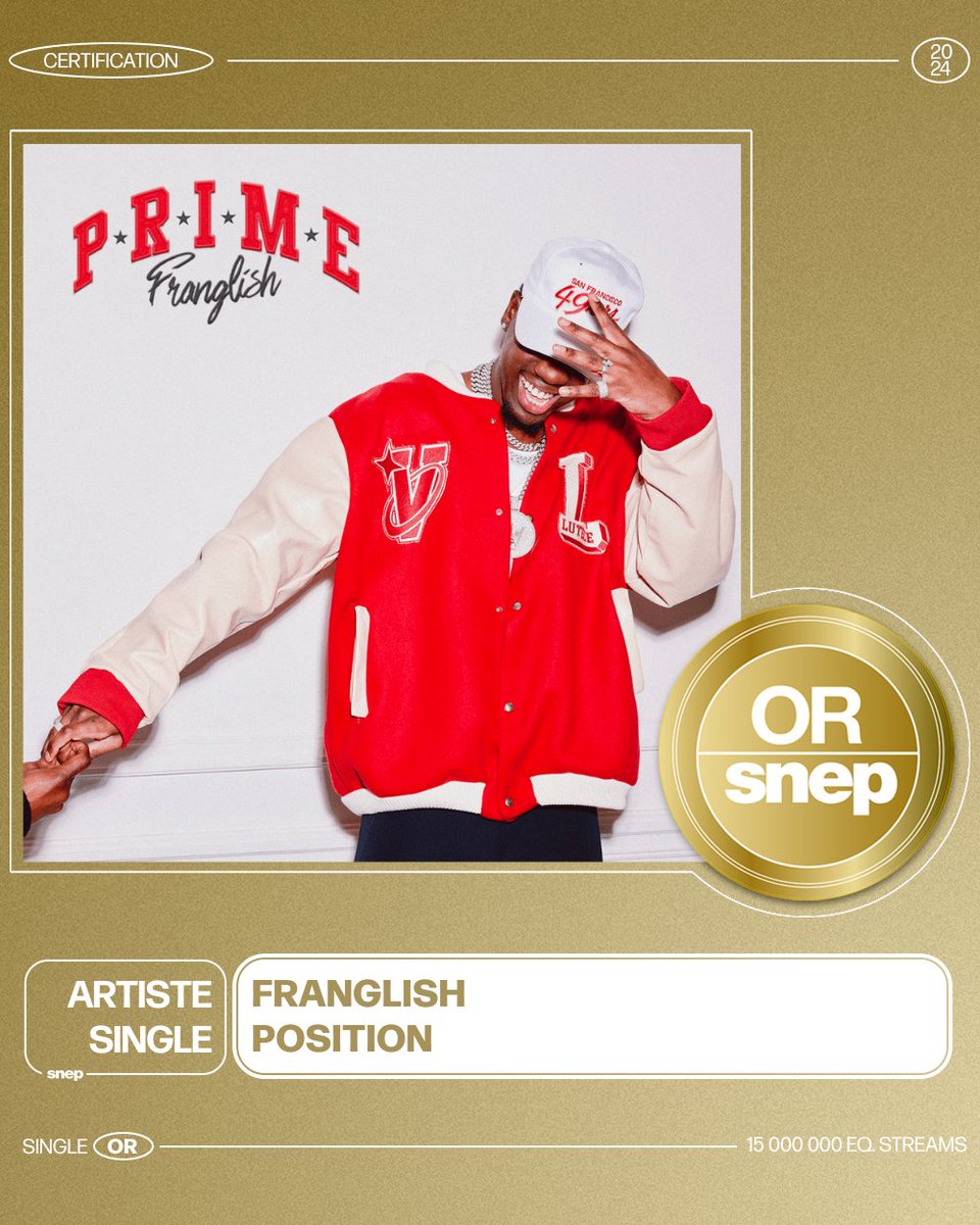 Le titre « Position » de Franglish est certifié Single Or ! 📀 15 000 000 équivalents streams 🎧 Bravo ! 👏