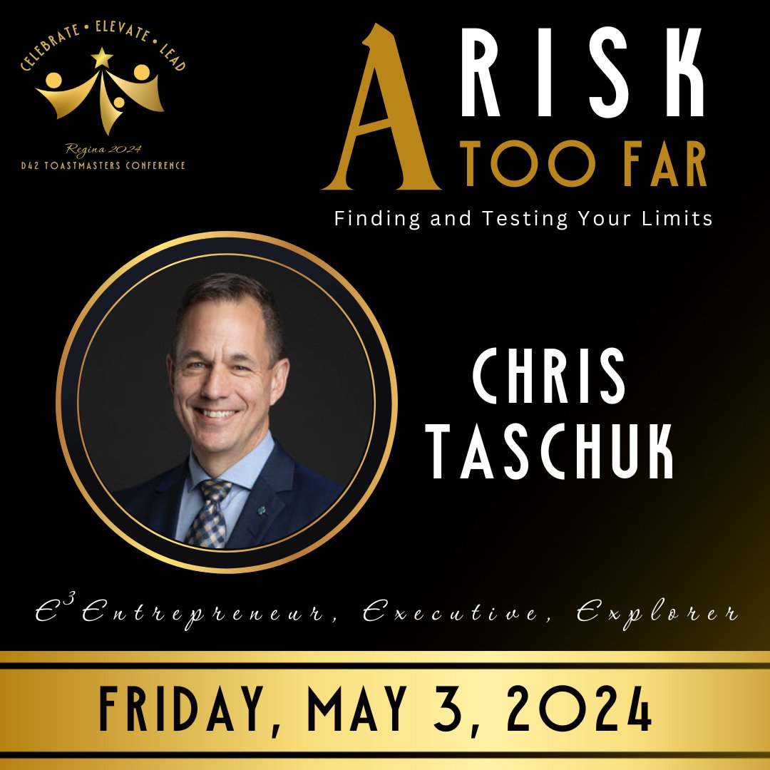ToastmastersD42's tweet image. 🌟 A Risk Too Far 🌟 Finding and Testing Your Limits

Join Chris at the D42 Conference in Regina on Friday, May 3rd, 2024, where he&apos;ll share insights on this journey. Don&apos;t miss out! 🎤 #D42Conference #ReginaEvent