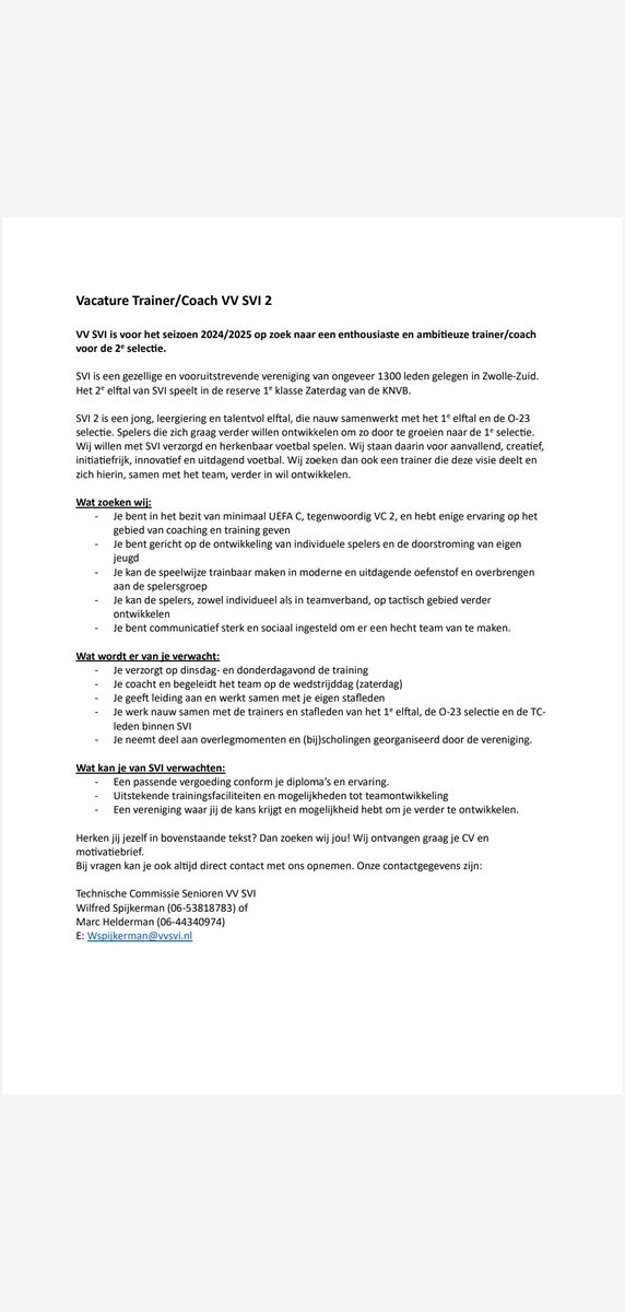 <a href="/vvsvi/">v.v. SVI</a> is op zoek naar een trainer voor het 2e elftal