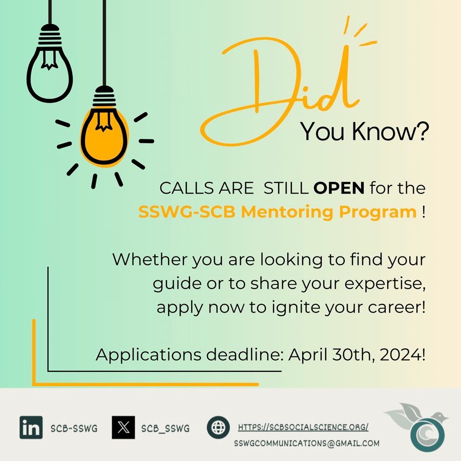 📢 Reminder: The SSWG Student Mentoring Program is still open for applications! Whether you are looking to advance your career or share your expertise, this program is a fantastic way to connect with others in the conservation social science community.