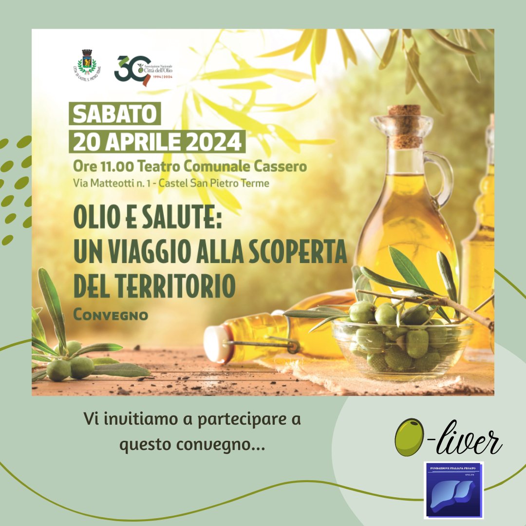 FondItaFegato's tweet photo. Vi invitiamo a partecipare di questo convegno in collaborazione con @CittaOlio nel contesto del progetto #Oliver per parlare di Olio EVO e salute. #fegato #olioEVO #benessere #salute https://t.co/YuQqOp32t2