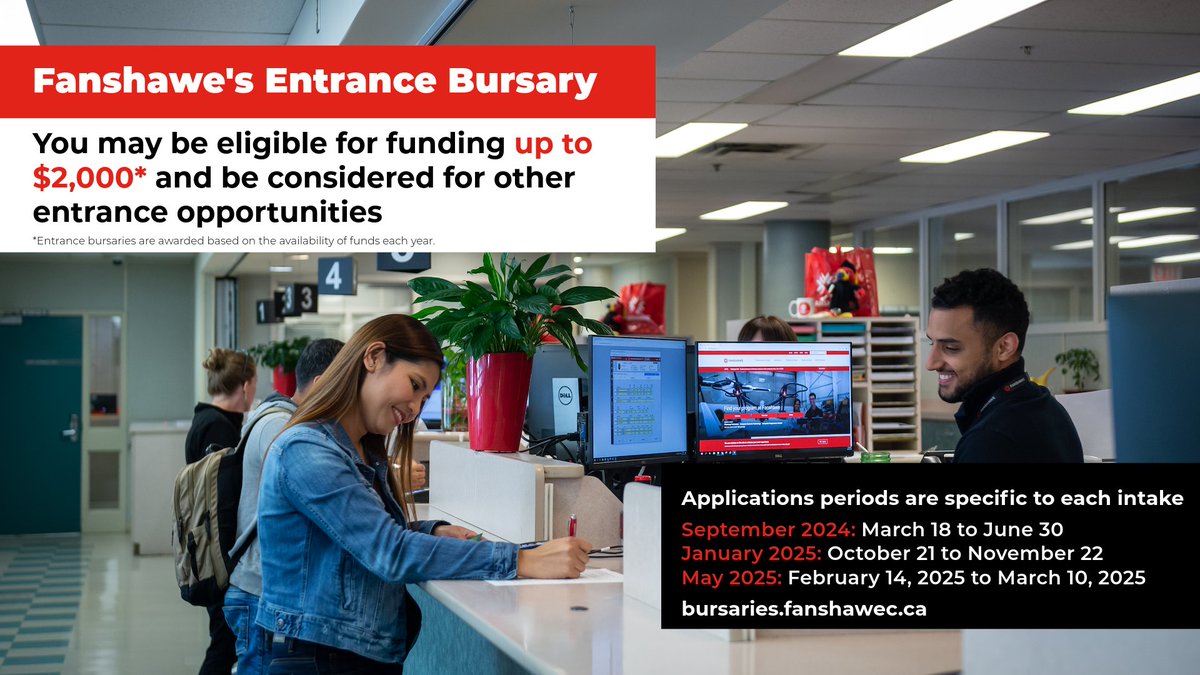 Starting at Fanshawe this fall? Fanshawe’s Entrance Bursary awards $250-$1000 to domestic students attending full-time, post-secondary or post-diploma studies at Fanshawe College for the first-time. Applications close June 30, 2023! Learn More: bursaries.fanshawec.ca/Details.aspx?O…