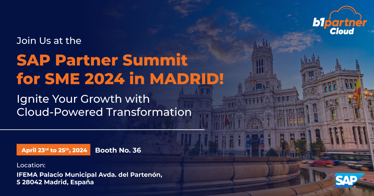 B1 Partner Cloud lands in Madrid for #SAPPartnerSummit!  Showcase your clients' cloud success with our cutting-edge solutions. 

Meet us at SAP Partner Summit for SME 2024: bit.ly/3vGP82P
🗓️ 23rd - 25th April
🌐 Madrid, Spain
📍 Booth No. 36

#PrivateCloud #SAPB1 #SAP