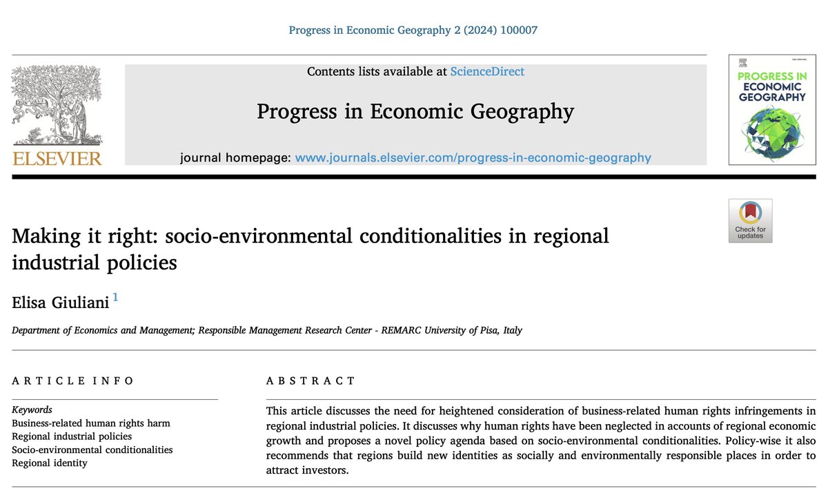 📗New paper published in Progress in Economic Geography: 'Making it right: socio-environmental conditionalities in regional industrial policies' by @elisagiulianitw #OpenAccess #regionalindustrialpolicies #economicgeography #PEG sciencedirect.com/science/articl…