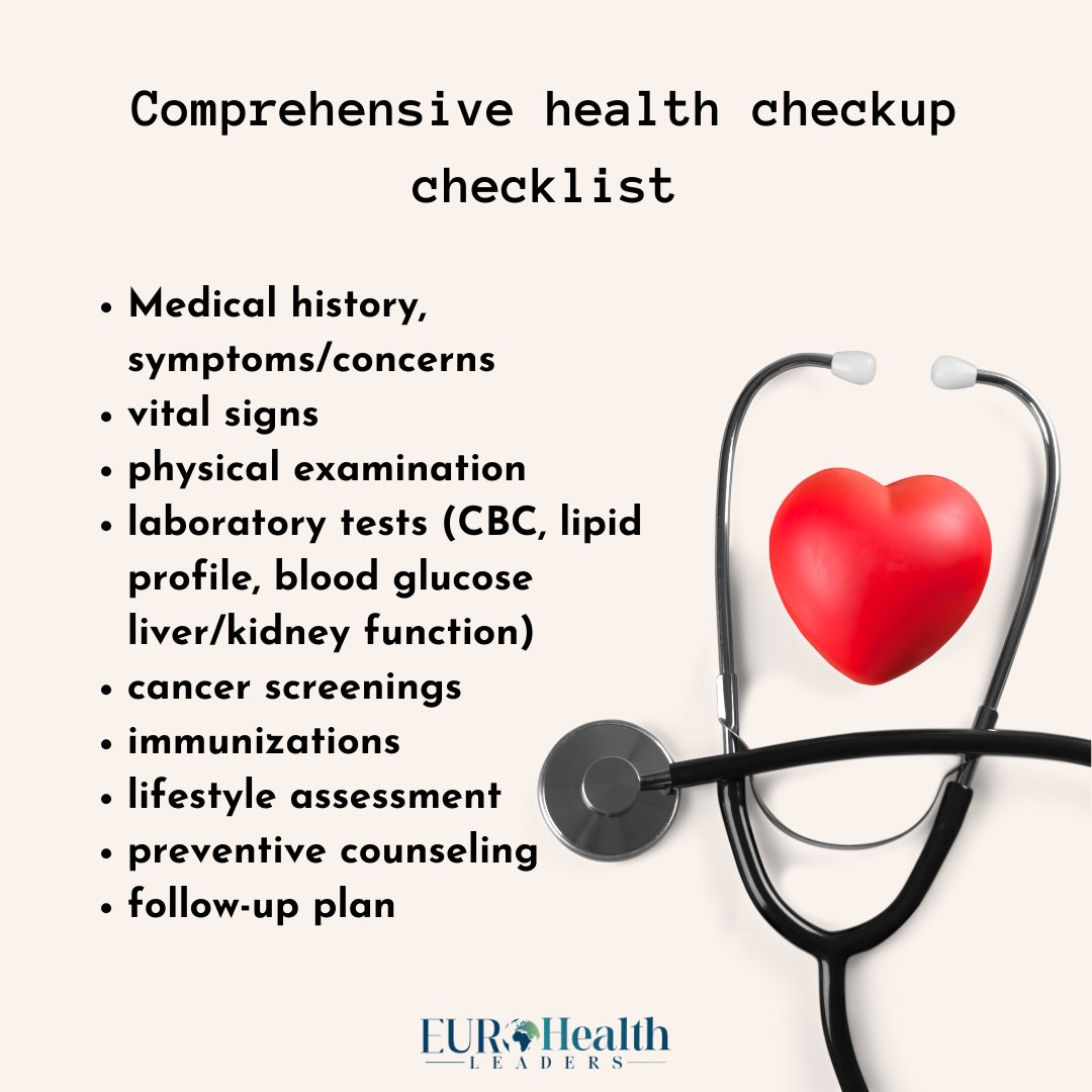 Stay on top of your health with our Comprehensive Health Checkup Checklist! From head to toe, we've got you covered.

#HealthCheckup #WellnessJourney #PreventiveCare #HealthyLiving #SelfCare #MedicalScreening #HealthAwareness #EuroHealthLeaders