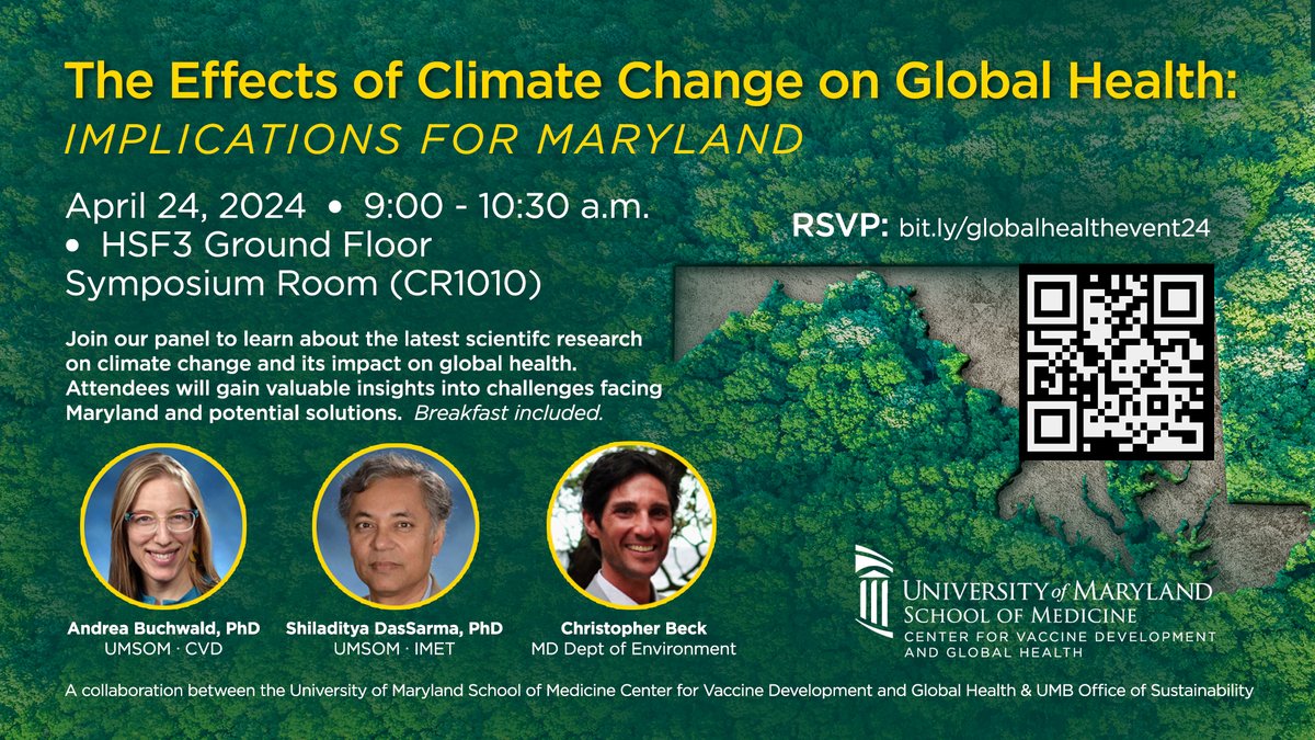 Register for our panel focused on #ClimateMedicine. The Effects of Climate Change on Global Health – Implications for Maryland, April 24, 9-10:30 am More info: ow.ly/gzoY50Rg7QR