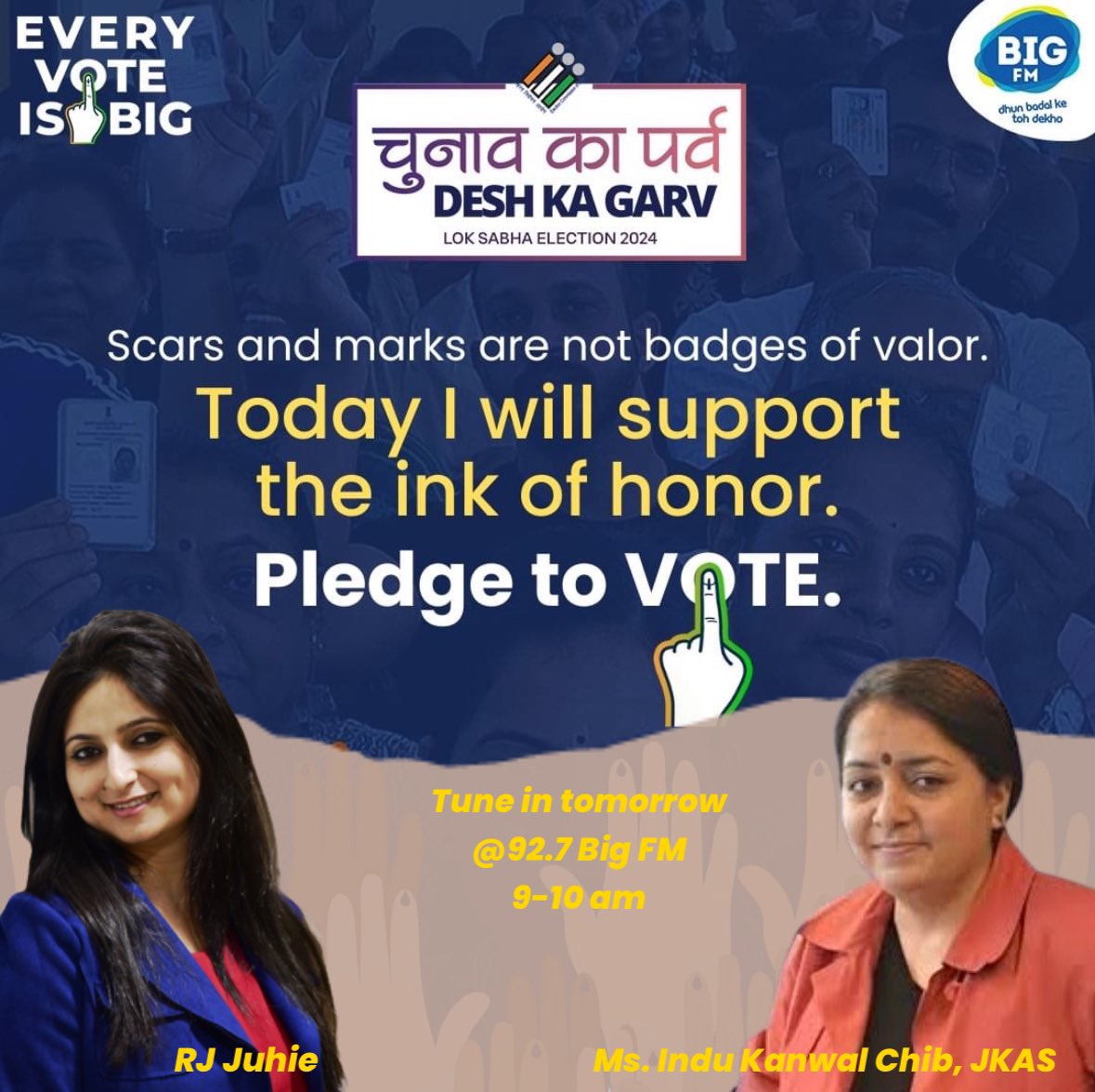 “The ignorance of 1 voter in a democracy impairs the security of all” - John F. Kennedy MD JKRLM Indu Kanwal Chib JKAS will be on the show tmrw to talk about the festival of democracy ….. do catch the convo tmrw 9-10 am @BIGFMJammu #EveryVoteIsBig #chunavkaparv #DeshKaGarv