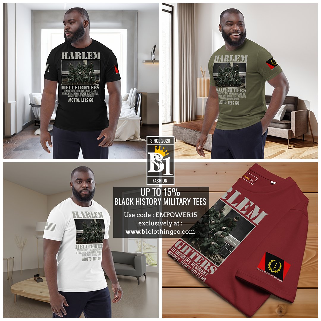 This Memorial Day, honor heroes with our Harlem Hell Fighters Tee! 🎖️ Celebrate Black American soldiers' bravery and get 15% off with code Empower15. 🇺🇸 #HarlemHellFighters #BlackExcellence #BlackFirst #B1 Shop now ➡️ bit.ly/B1-HarlemHellF…