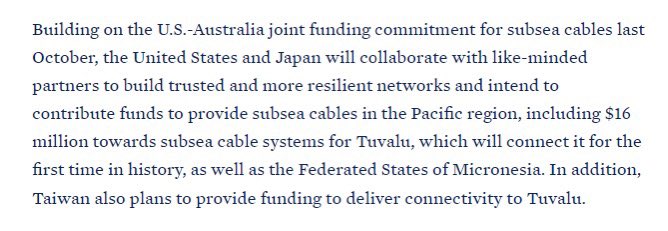 The FACT SHEET from the Japan Official Visit with State Dinner to the United States noted Taiwan’s plans to provide funding to deliver connectivity to Tuvalu. whitehouse.gov/briefing-room/…