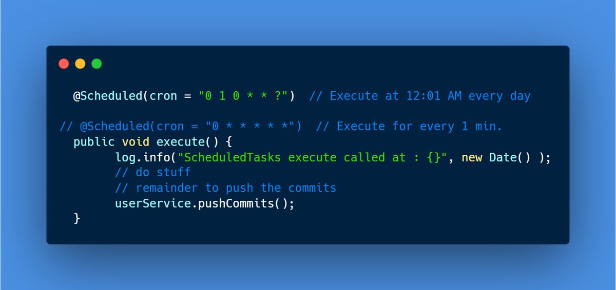 Uses the @Scheduled annotation from #Spring 

$PARAM // ⁦<a href="/ParamLaboratory/">Param Labs</a> ⁩ 
⁦@SenderLabs ⁩ // ⁦#Sender ⁩ ⁦
$BEYOND // ⁦<a href="/PlayGroundCorp/">PlayGround</a> ⁩ 
$PIXIZ // ⁦@Pixiz_io ⁩
$BUBBLE // ⁦<a href="/Imaginary_Ones/">Imaginary Ones | Bubio.ai</a> ⁩ 
$SOMO // ⁦<a href="/playsomo/">SOMO</a> ⁩
$MON // ⁦<a href="/monprotocol/">MON Protocol 🐉 $MON</a> ⁩
#WorldWar3 #Isreal #war