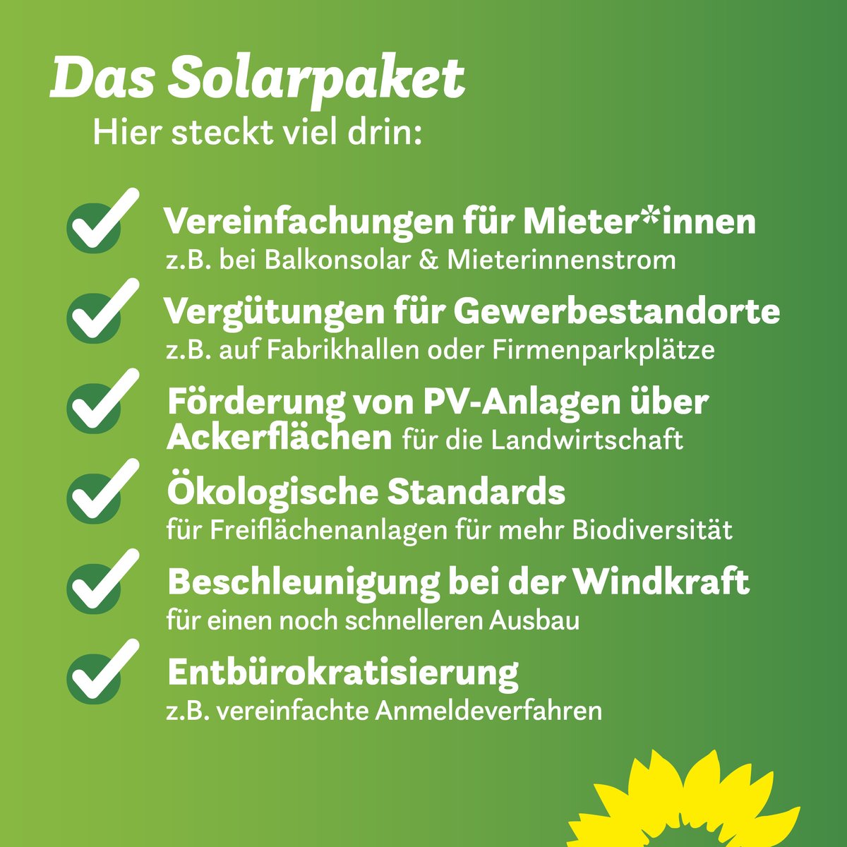 GrueneBundestag's tweet photo. 2/2 Mit dem #Solarpaket legen wir beim Ausbau der Erneuerbaren Energien noch eine Schippe drauf! Von diesem Paket werden Kommunen, Unternehmen,  landwirtschaftliche Betriebe sowie Bürger*innen im ganzen Land profitieren &amp; gleichzeitig einen Beitrag zum Klimaschutz leisten können. https://t.co/xCthxmU2uR