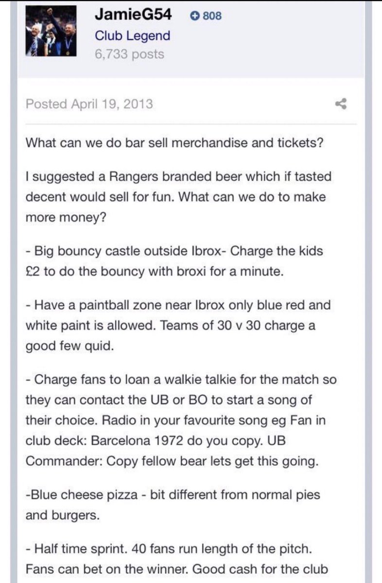 Don’t know why this 11 year old post on a Rangers forum gets me so much. Absolute classic 😂😂😂 “Charge the kids £2 to do the bouncy with broxi for a minute” 😂