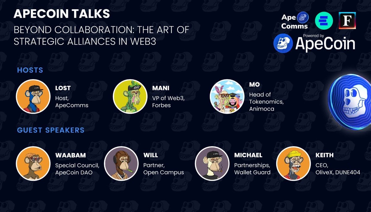 Join us for another #ApeCoinTalks at 9am PST on April 17th, to learn how building partnerships in #Web3 can improve the likelihood of success. Hosted by @HodlrCollective, @0xManiPatel and @Mo_Ezz14 joined by @Waabam_eth @rumjahn from @olivexai and @MichaelKdcl from…