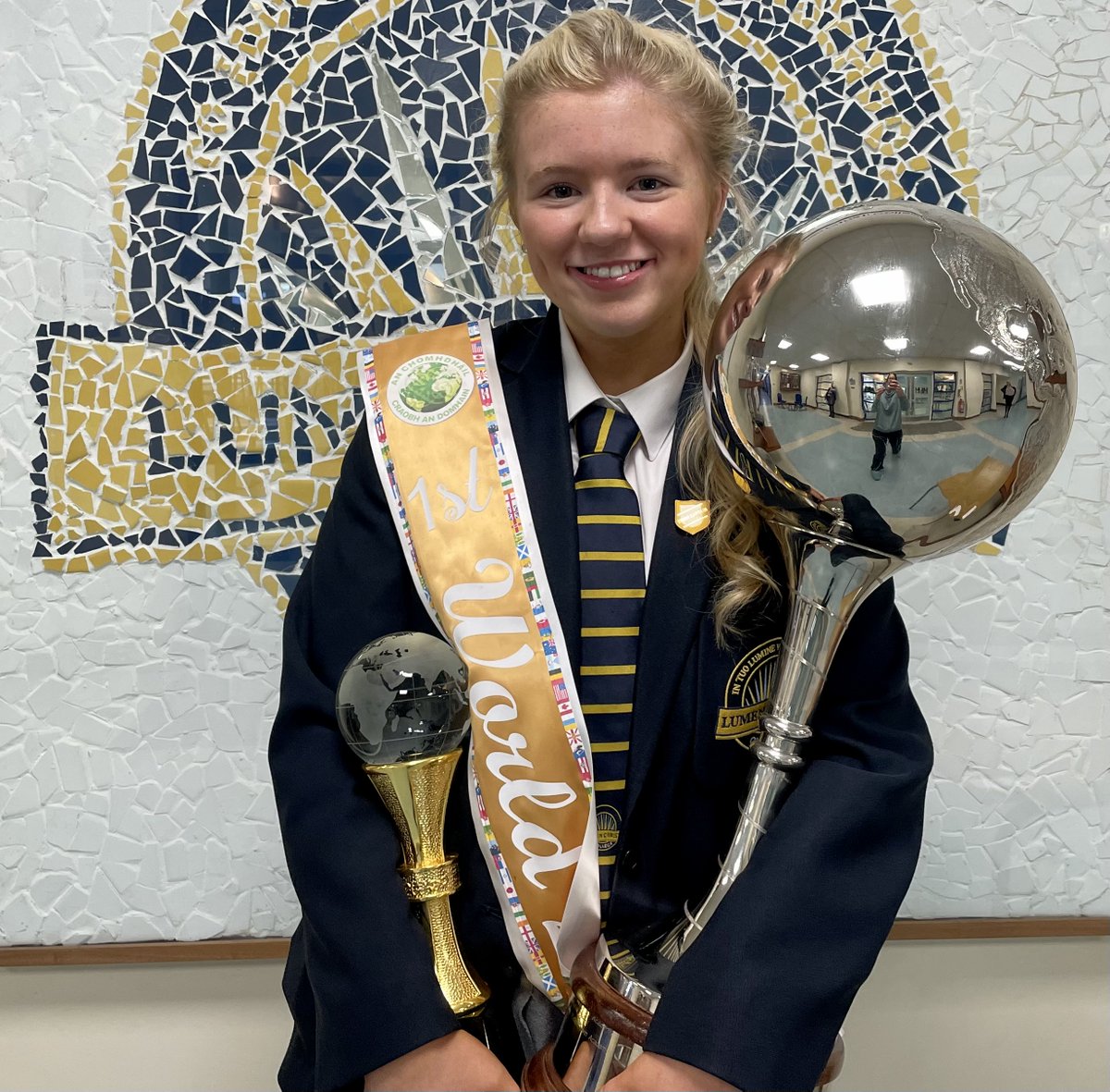 Pictured with her World Globe, is Ava Mc Devitt, a pupil of the Porter School of Irish Dancing who came 1st in World Irish Dancing Championships in Killarney recently. This is the 4th consecutive world title for Ava.