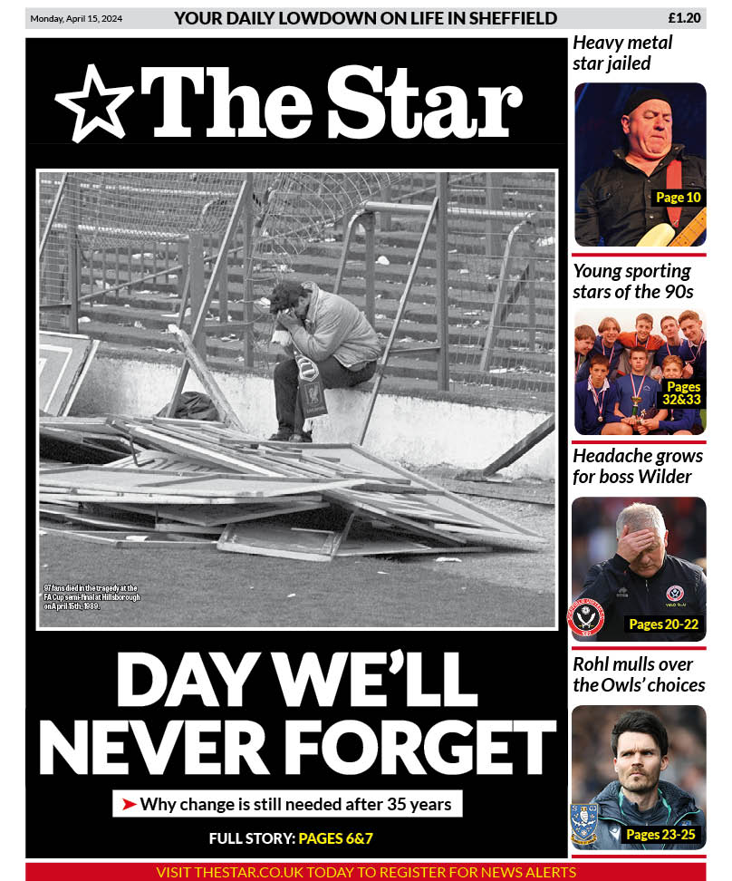 Very poignant front page design by Will Froggatt for today's @SheffieldStar as they mark the 35th anniversary of the Hillsborough tragedy, in which 97 people lost their lives after travelling to the stadium for the FA Cup semi-final between @LFC and @NFFC. #Hillsborough