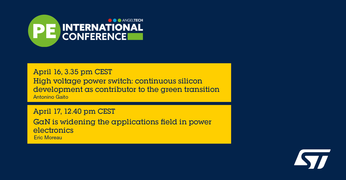 Dive into next-gen #powerelectronics at the #PEinternational Conference! Join ST experts Antonino Gaito and Eric Moreau as they share insights on #sustainable silicon solutions and how #GaN expands applications. More info: spkl.io/60154FmTz @PowerElecWorld