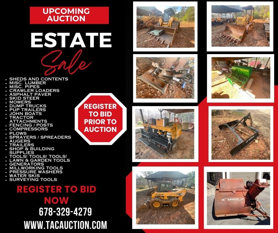 Estate Auction - April 18th

Heavy Equipment, Farm Equipment, Shop Tools, Toolboxes and Much More!

Apr 18, 2024 01:00 PM ET

#TACAuction #EstateSale #Onlineauction #Tools #HeavyEquipment #Farmequipment #Sheds #Pipes #HVACSupplies #Trailers #Attachments #Boats #Lawncare