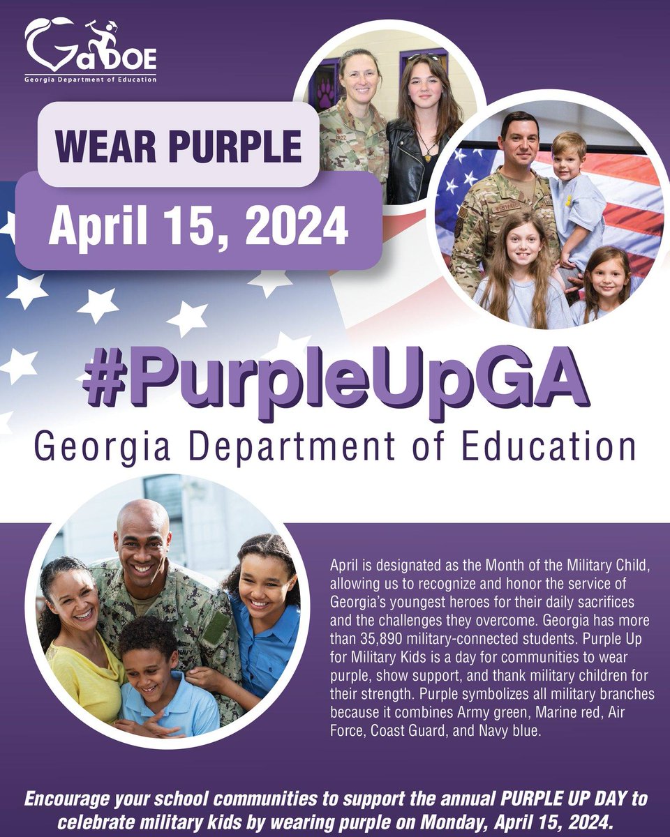 #PurpleUpGA It's Purple Up Day Liberty County. We are excited to see your photos of you and your friends wearing purple 🟣 to honor military students! Share them with us on social media using #PurpleUpLCSS 💜💜💜