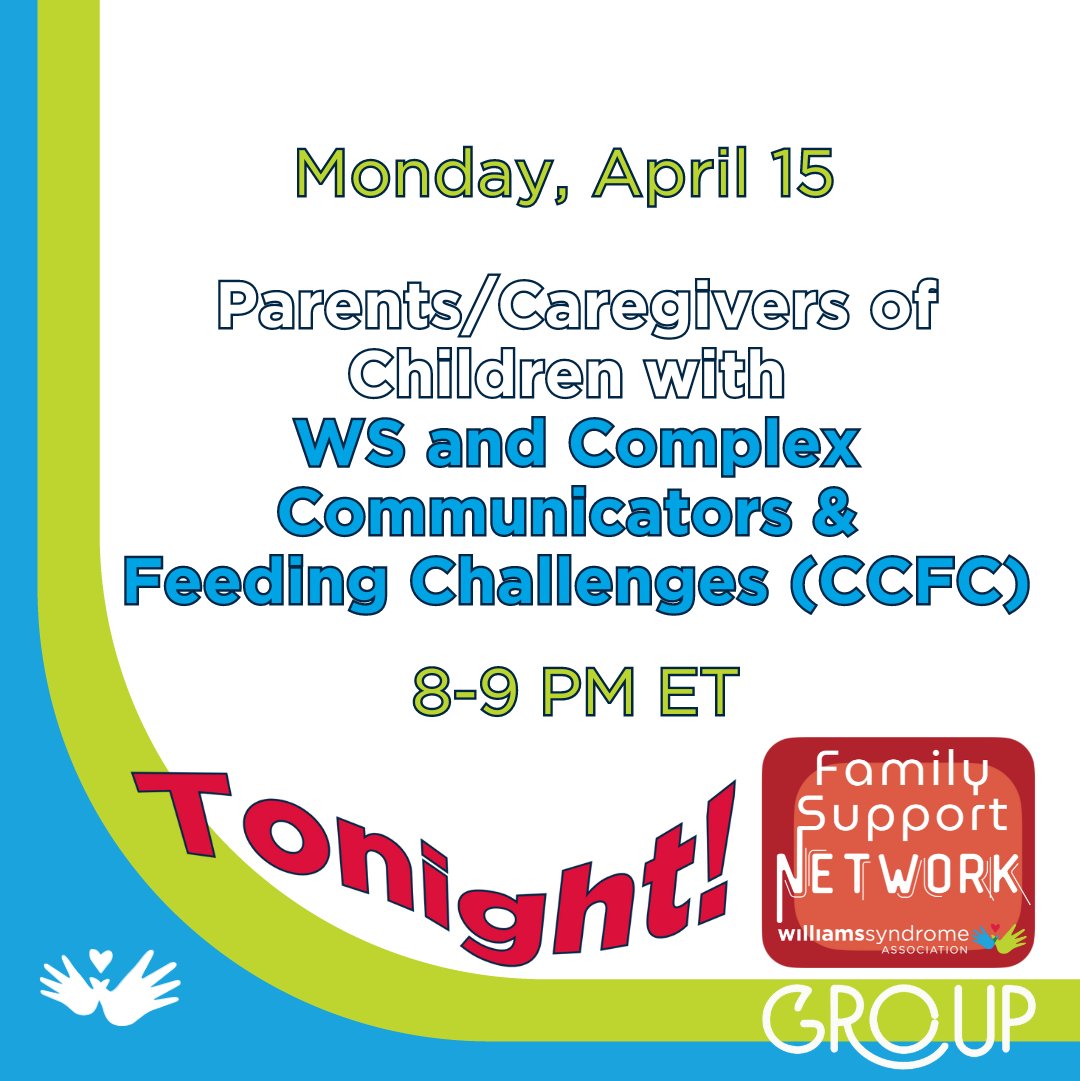 TheWSA's tweet photo. Some individuals with WS may have speech, feeding, and communication delays. The CCFC group supports parents/caregivers by connecting families and getting input from professionals.
Register at https://t.co/MEuueWDrBV
#williamssyndrome #WSA #CCFC #WSAFSN #ComplexCommunicators https://t.co/2iG9BNCF6A