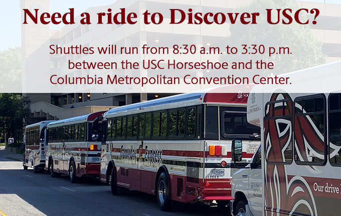 Wondering how to get to #DiscoverUSC2024 on Friday? We’ve got you covered! 🚍🛣️🤙 Shuttles will run between the Horseshoe (on Sumter St) and the Convention Center from 8:30 a.m. to 3:30 p.m. 😎 Download the Discover USC app today | Guidebook.com/g/dusc2024