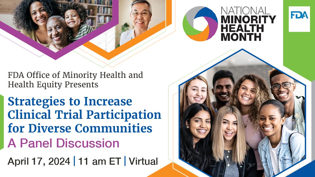 Don't miss the 'Strategies to Increase Clinical Trial Participation for Diverse Communities' panel on April 17, at 11 am ET. Secure your spot and join the conversation on enhancing diversity in #ClinicalTrials. Register now! fda.gov/consumers/mino… #NMHM2024