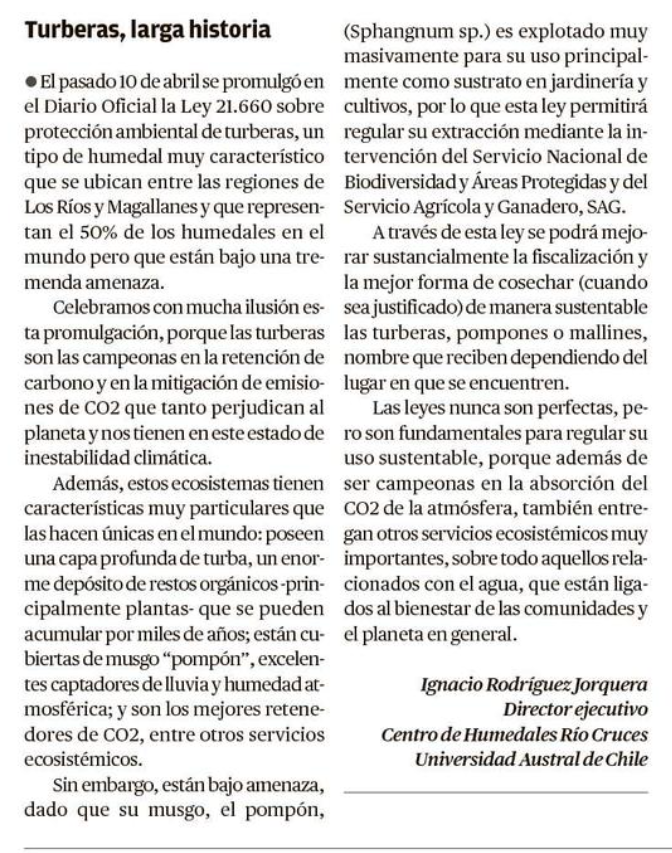 centrohumedales's tweet photo. A propósito de la promulgación de la Ley de Turberas, una reflexión de nuestro director, publicado en el Diario Austral Los Ríos este fin de semana #ValdiviaCl #humedales #CEHUM #conservacion https://t.co/18OfTMD3Mw