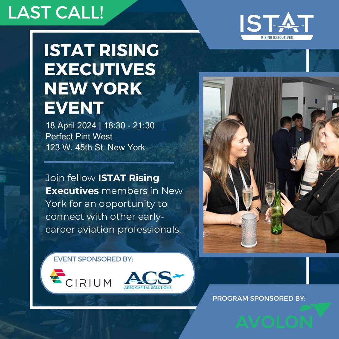 Connect with fellow young professionals at the #ISTATRisingExecs drinks reception, on Wednesday at Perfect Pint West in NYC. Thanks to event sponsors, Cirium and Aero Capital Solutions, and program sponsor, Avolon. Register now ▶️ bit.ly/3TVHriH #ISTATNews