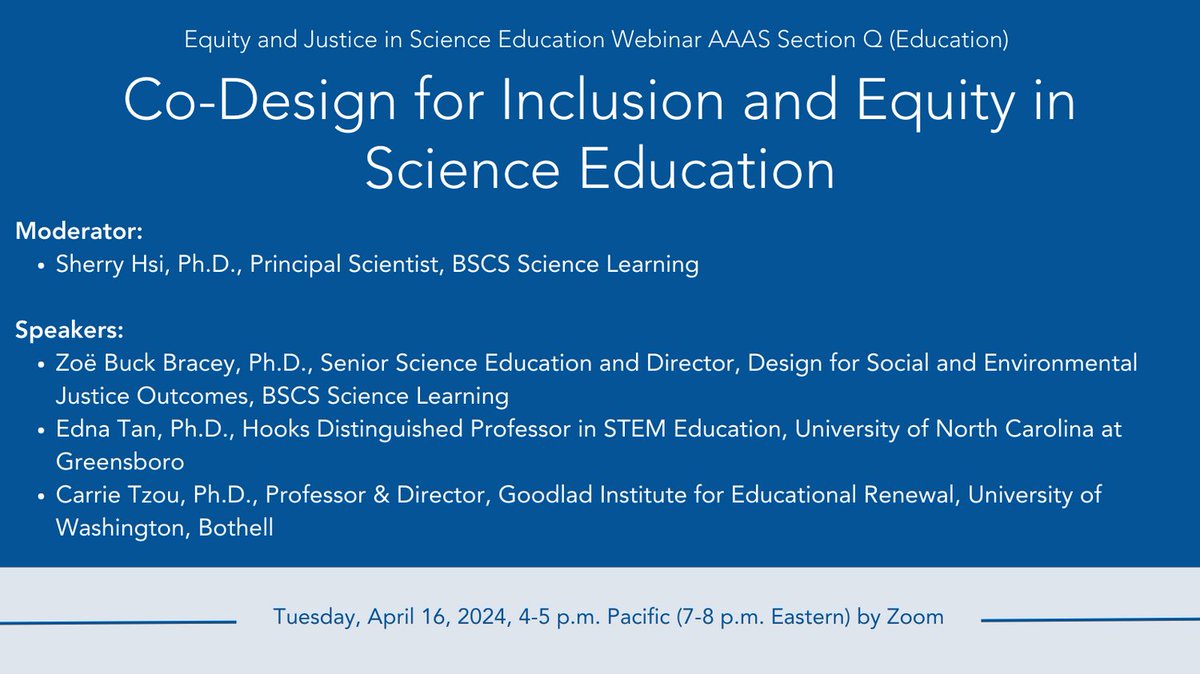 Join @SherryHsi, @ZoeBuckBracey, Edna Tan (@UNCG), & Carrie Tzou (@UWBothell) for an @aaas webinar, “Co-Design for Inclusion and Equity in Science Education,” on 4/16 (TOMORROW!!) at 4pm (PT). Learn more and how to register (required!) here: tinyurl.com/22z7ca9r