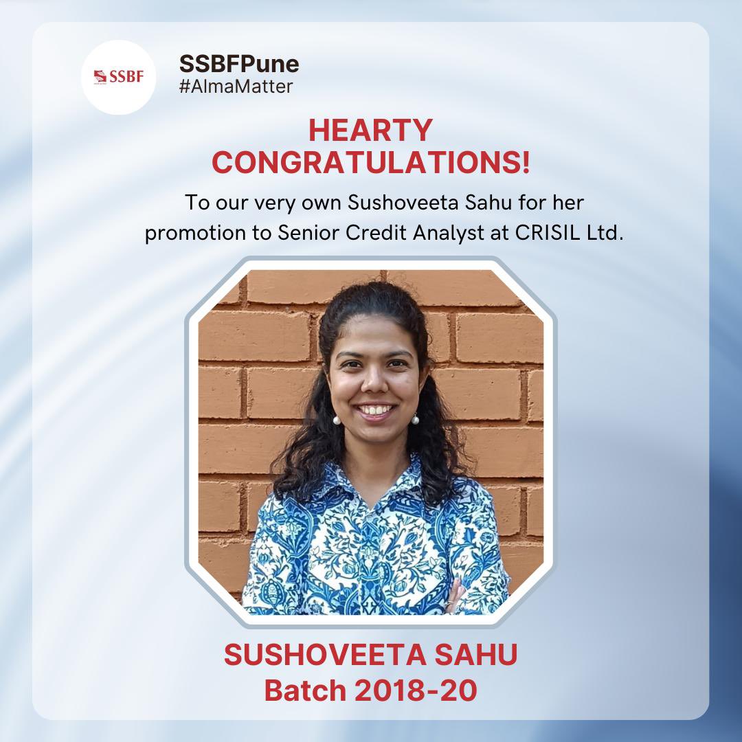 Symbiosis School of Banking and Finance congratulates our very own Ms. Sushoveeta Sahu for her promotion to Senior Credit Analyst at CRISIL Ltd.

#ssbf #ssbfpune #symbiosis #bankingandfinance #almamatter #alumniachievement #alumnixpr #alumnicommittee #crisil