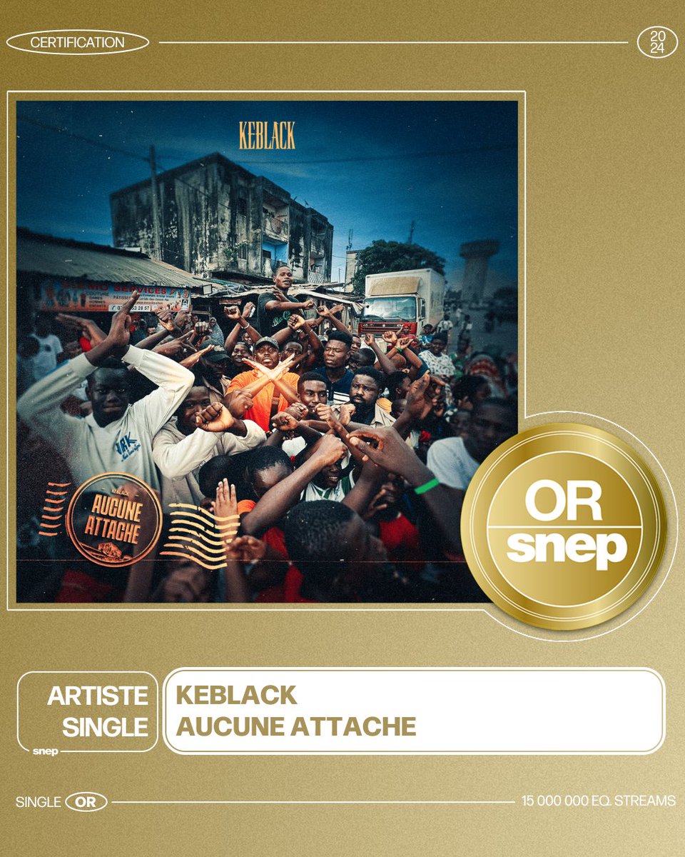 Le titre « Aucune attache » de Keblack est certifié Single Or ! 📀 15 000 000 équivalents streams 🎧 Bravo ! 👏