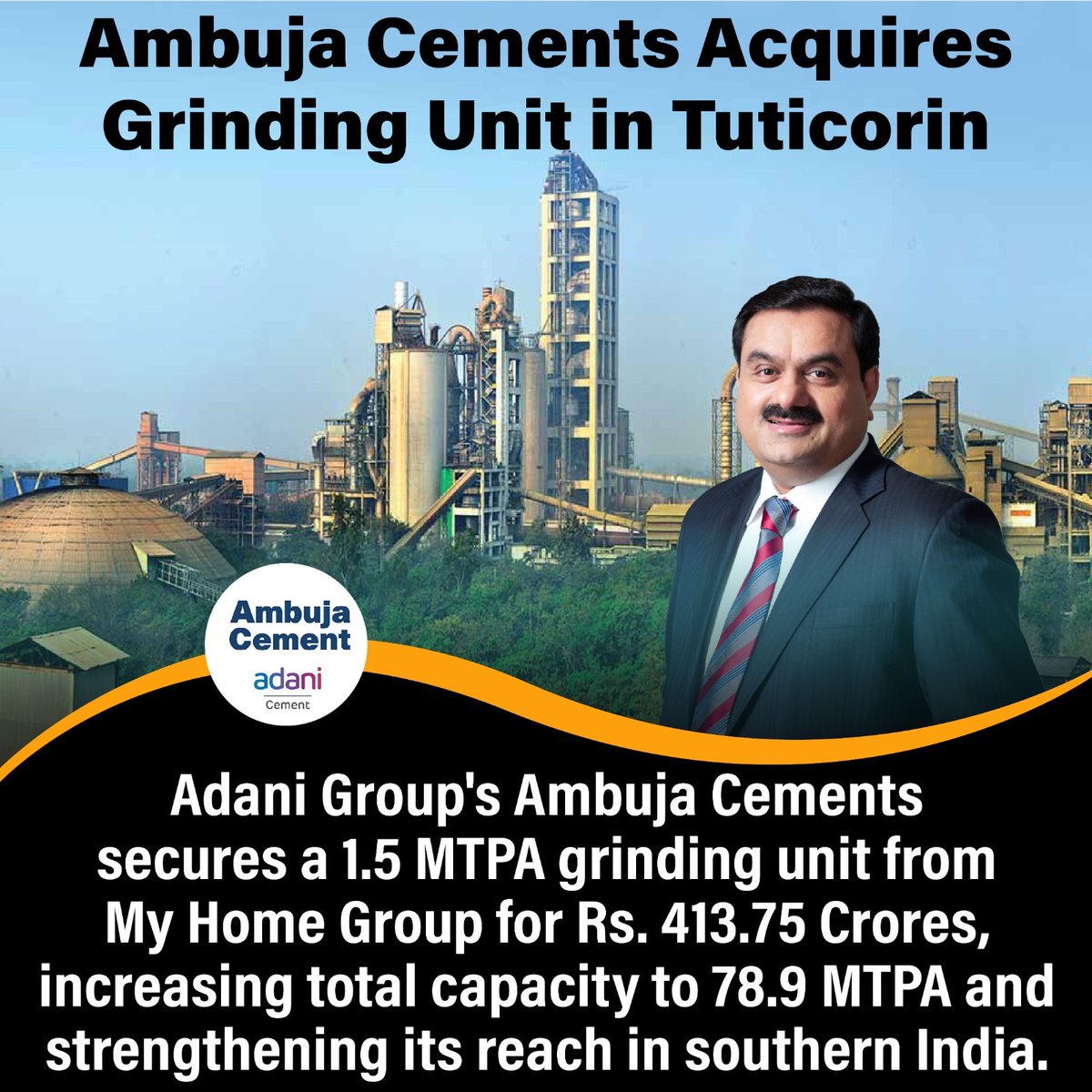 Ambuja Cements signs a definitive agreement to acquire a 1.5 MTPA Cement Grinding Unit in Tuticorin, Tamil Nadu from My Home Group, enhancing its southern market presence. #TamilNadu #AdaniGroup #HomeGroup #Adani