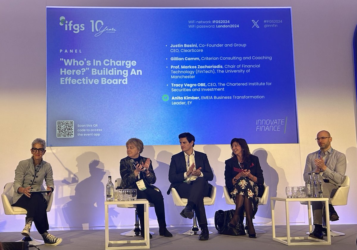 An impactful board has never been more important, but what does it take to build one? Panel discussion at #IFGS2024 now with @justinbasini @ClearScore; Gillian Camm GLD Board; Tracy Vegro OBE @CISI; @MarkosZach @AllianceMBS. Moderated by Anita Kimber @EY_UKI