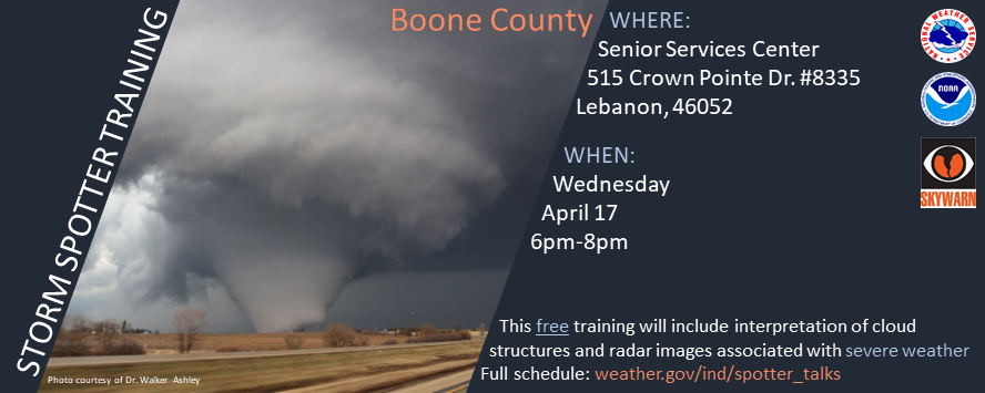 Happening tomorrow: Spotter Talk in Boone County. For more details and information visit weather.gov/ind/spotter_ta… #INwx