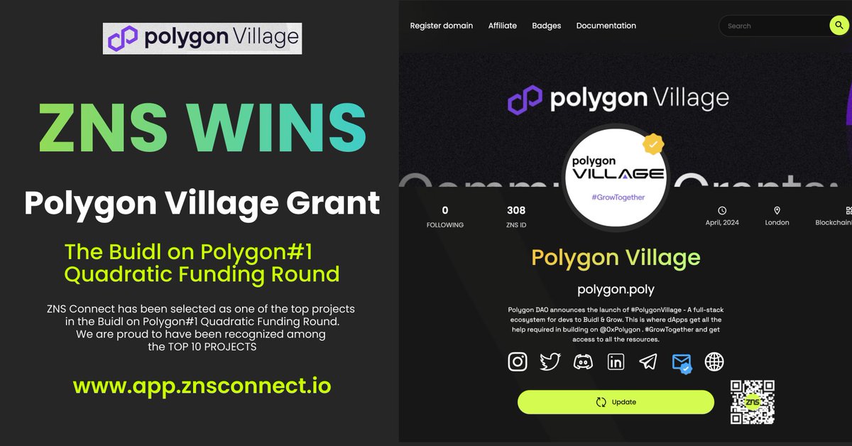 ZNSConnect's tweet photo. 🚀 We’re thrilled to announce that ZNS Connect has been selected as a recipient of the @0xPolygon Village Buidl on Polygon grant! 

Our team has been hard at work building ZNS https://t.co/5EwelUWqYi to revolutionize decentralized naming services.

Funds allocated to our project will go towards enhancing our platform's features, expanding our community outreach efforts, and accelerating the adoption of decentralized naming services in the Web3 space.

Read our article for more details: https://t.co/H7yn2KugjI

#ZNSConnect #PolygonVillageGrant #Web3Builders #polygon #grant #zns  🌐🔗
