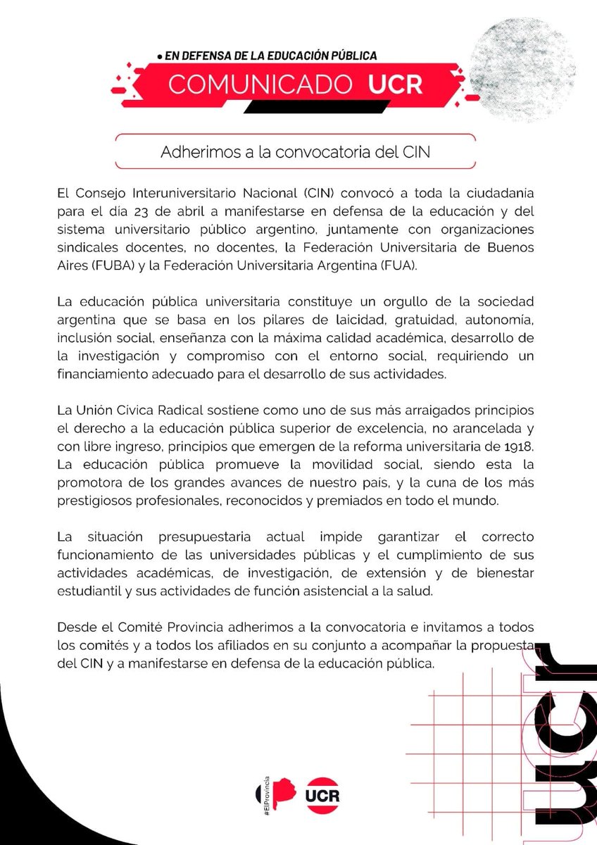ucrazuloficial's tweet photo. Desde la Unión Cívica Radical de Azul adherimos a la convocatoria del Consejo Interuniversitario Nacional en defensa de la educación pública.

#educacionpublica #educacion #ucr https://t.co/7uDZfyb7m5