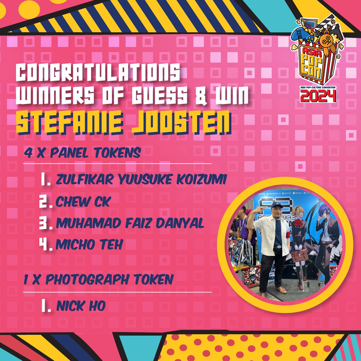 Congratulations to all winners! You each have won a token for APC2024 special guest @stefanieGMJ

Please contact us with your details via PM! 

For the others, do not worry, we will have more contests and giveaway in the future so just stay tuned to our updates!