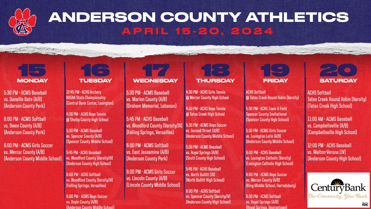 Anderson County Schools Weekly Athletic Calendar Sponsored by Century Bank of Kentucky. Game times are subject to change. Stay up-to-date by visiting the Anderson County Schools Athletics social media accounts daily. #TeamAC #OneAC