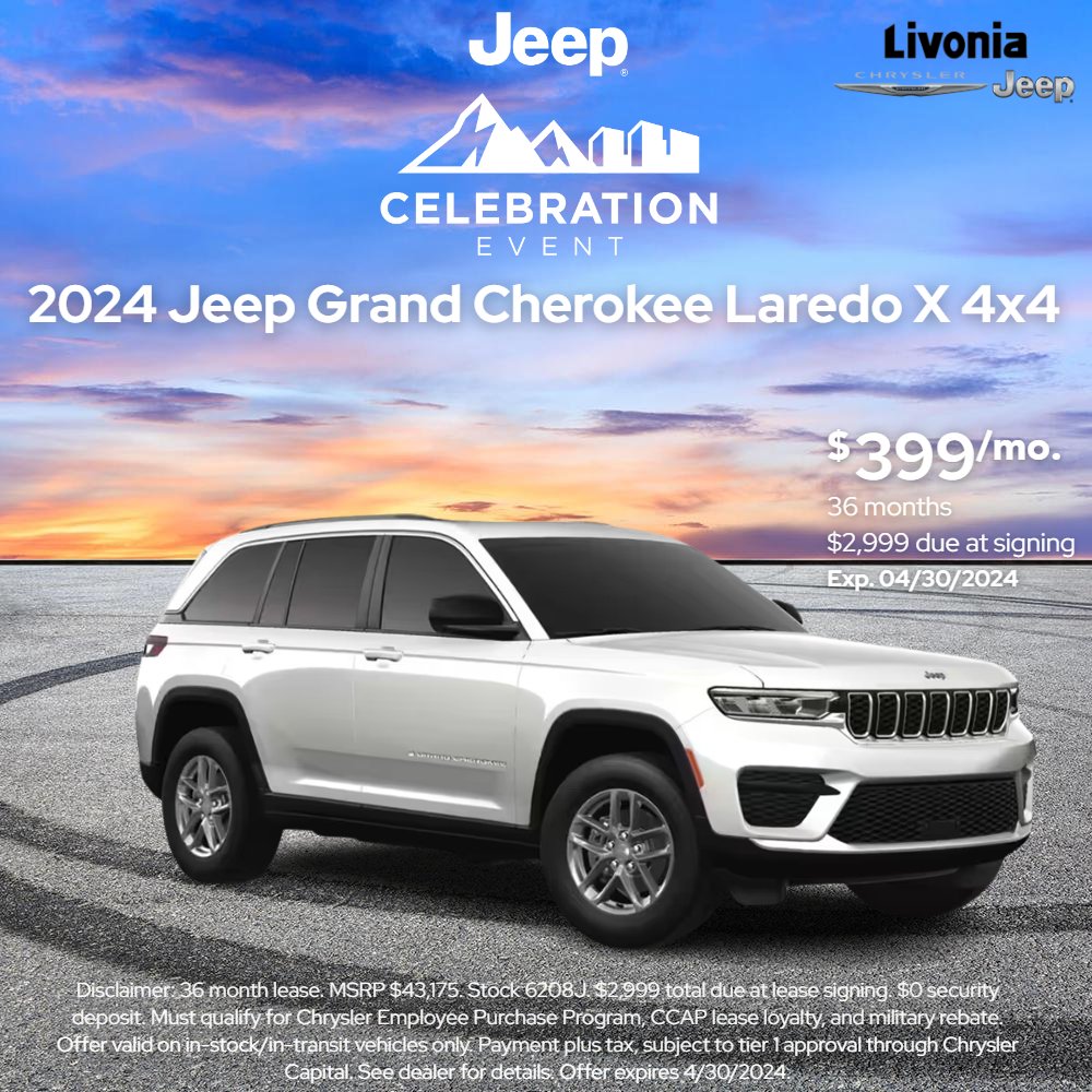 The Jeep Celebration Sales Event is on now at Livonia Chrysler Jeep!  Learn more at: bit.ly/LCJNewDeals

#Jeep #ItsAJeepThing #JeepFamily #JeepLife #JeepLove #Authentic #Adventure  #JeepWrangler #GrandCherokee #JeepCompass