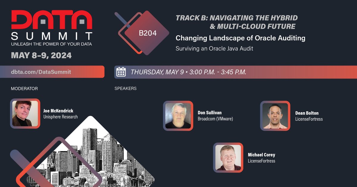 DataSummit (@dbtadatasummit) on Twitter photo Learn more about the Changing Landscape of Oracle Auditing in this #DataSummit session from speakers Don Sullivan, <a href="/VMware/">VMware</a>, Dean Bolton, <a href="/LicenseFortress/">LicenseFortress</a>, and Michael Corey, <a href="/Michael_Corey/">Michael Corey</a>. Register today, use code DS24Speak! ow.ly/xtx050RcBhx Learn more about the Changing Landscape of Oracle Auditing in this #DataSummit session from speakers Don Sullivan, <a href="/VMware/">VMware</a>, Dean Bolton, <a href="/LicenseFortress/">LicenseFortress</a>, and Michael Corey, <a href="/Michael_Corey/">Michael Corey</a>. Register today, use code DS24Speak! ow.ly/xtx050RcBhx