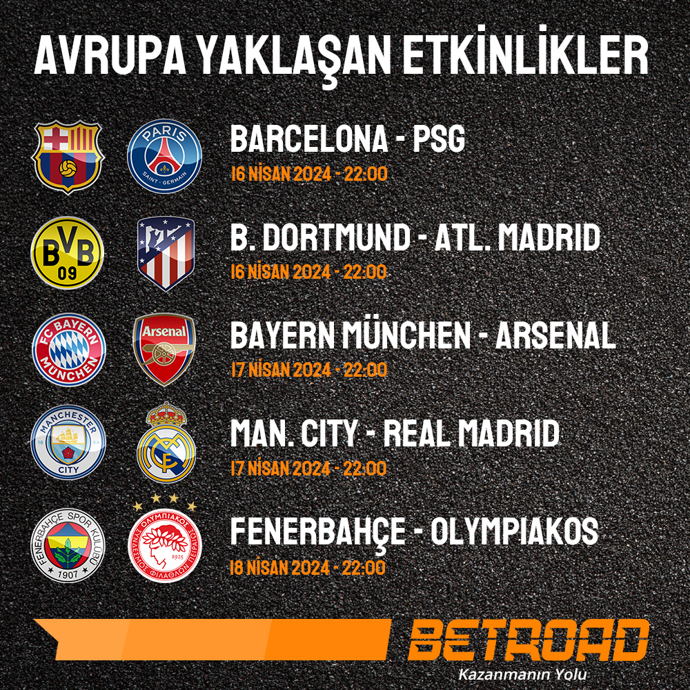 ⏳ Şampiyonlar Ligi çeyrek final ilk maçından beraberlikle ayrılan Bayern Münih ve Arsenal, adlarını yarı finale yazdırmak için yeniden sahada buluşuyor! İşte #Betroad'da yüksek oranlarla bahis alabileceğiniz haftanın popüler karşılaşmaları. Betroad Giriş: bit.ly/3TyqoDr