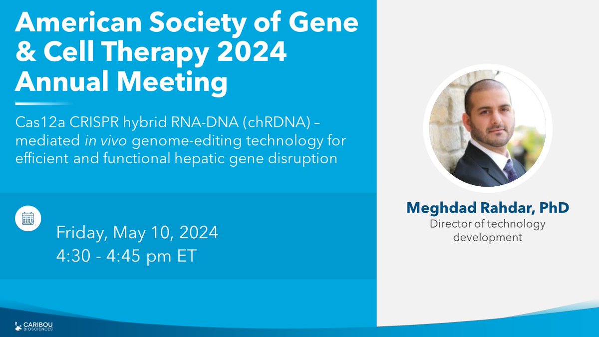 Going to #ASGCT24? Don’t miss our oral presentation featuring preclinical data on our in vivo genome editing platform. More details here: bit.ly/43XxJzQ $CRBU #GeneEditing #CRISPR