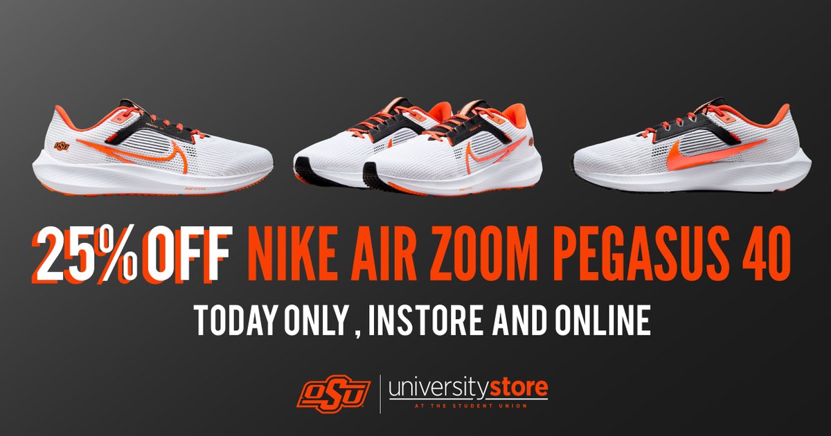 Today only: 25% off the Nike Air Zoom Pegasus online at the link below and in-store at the University Store! 🔗 okla.st/3s0XvUF #okstate #gopokes