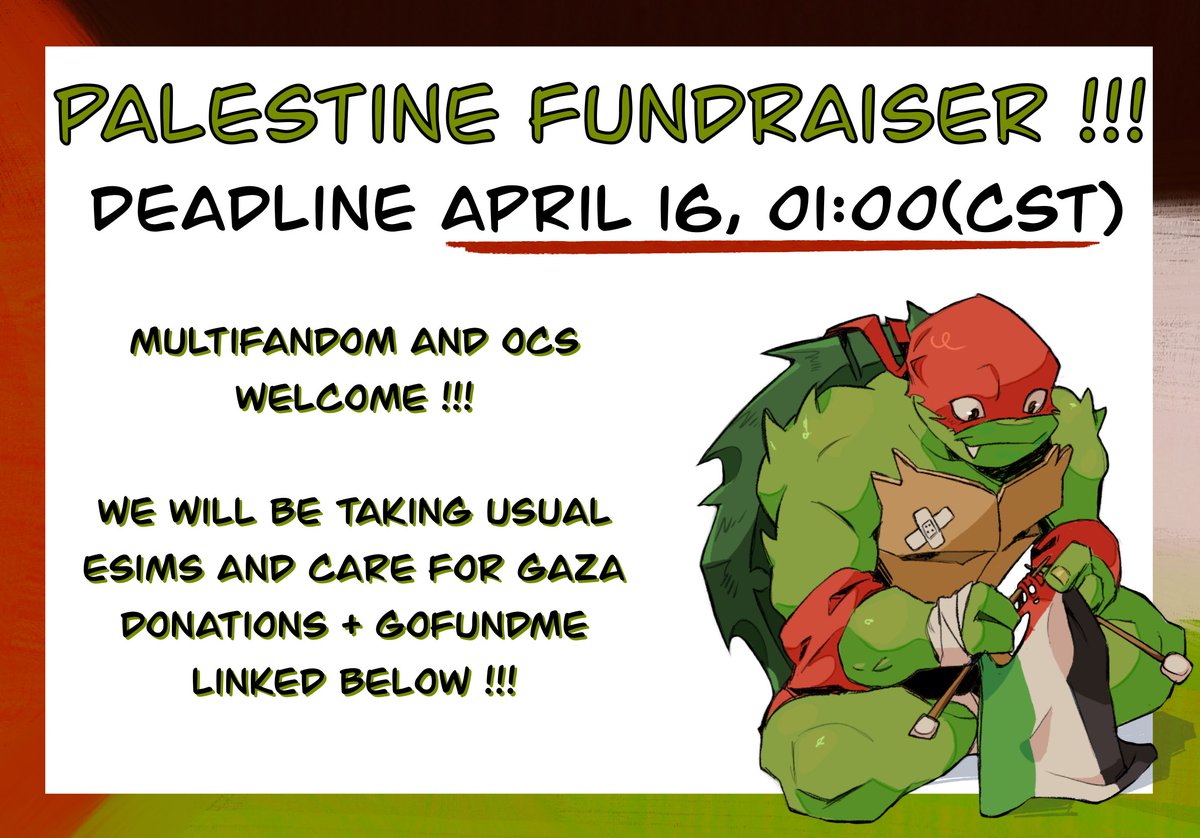 ‼️#TMNR4P IS BACK WITH ANOTHER MULTIFANDOM POP-UP STRIKE 🍉 same rules as last time ! donate E-SIMS, to CFG, or GOFUNDMEs linked below to request drawings and writings of your choice ! #FreePalestine DONATIONS, RULES, AND LINKS BELOW ‼️