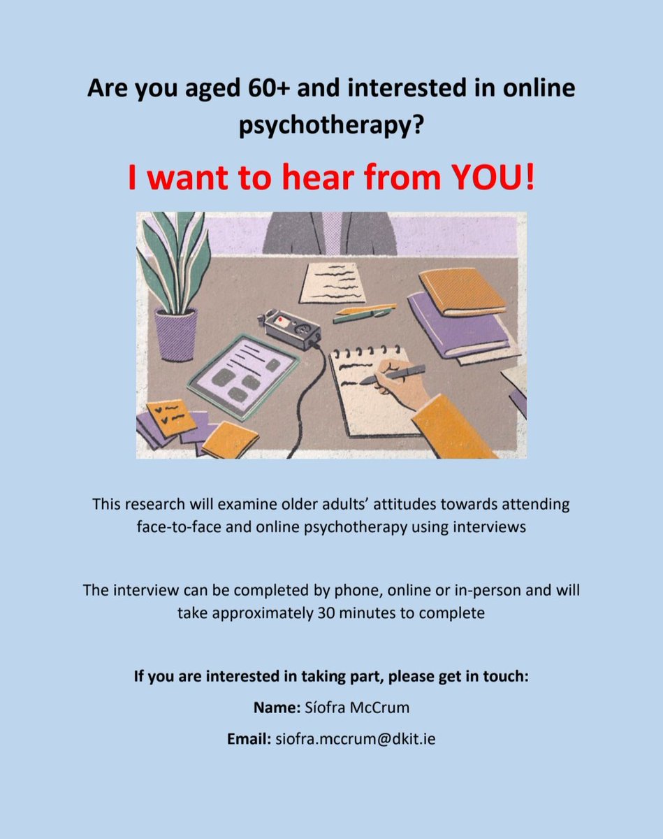 Are you 60+? Interested in online psychotherapy? I want to hear from YOU! 📢 I'm currently recruiting for interviews with older adults on attitudes towards online therapy. I'm completing this research with @CASALATWEET @DkIT_ie. Please share 🙏 #digitalmentalhealth #olderadults