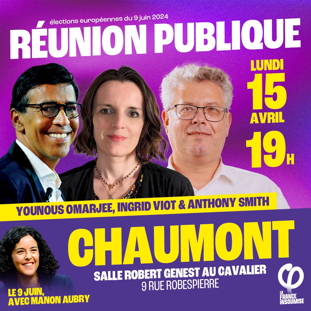 smith51_a's tweet image. 📍Rendez vous à #Chaumont (#HauteMarne) ce soir à 19h00 pour une réunion publique de #Lfi et l’#UnionPopulaire avec mes camarades Ingrid Viot et @younousomarjee

🔥Hâte de vous y retrouver !

🚨Le #9Juin aux #Europeennes2024 donnez-nous la force de tout changer avec @ManonAubryFr